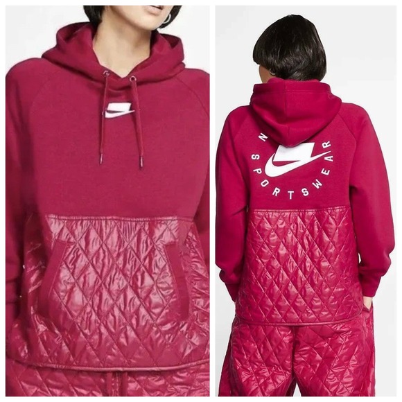 Nike Tops - Nike Sportswear NSW Quilted Mixed Media Hoodie Berry Pink Embroidered Logo Small